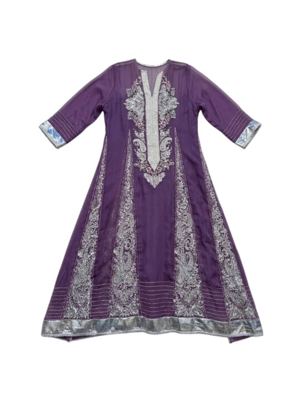 Purple Silver Embroidered Sheer Chiffon Kaftan Maxi Dress Gown Abaya Caftan Boho - Picture 1 of 8